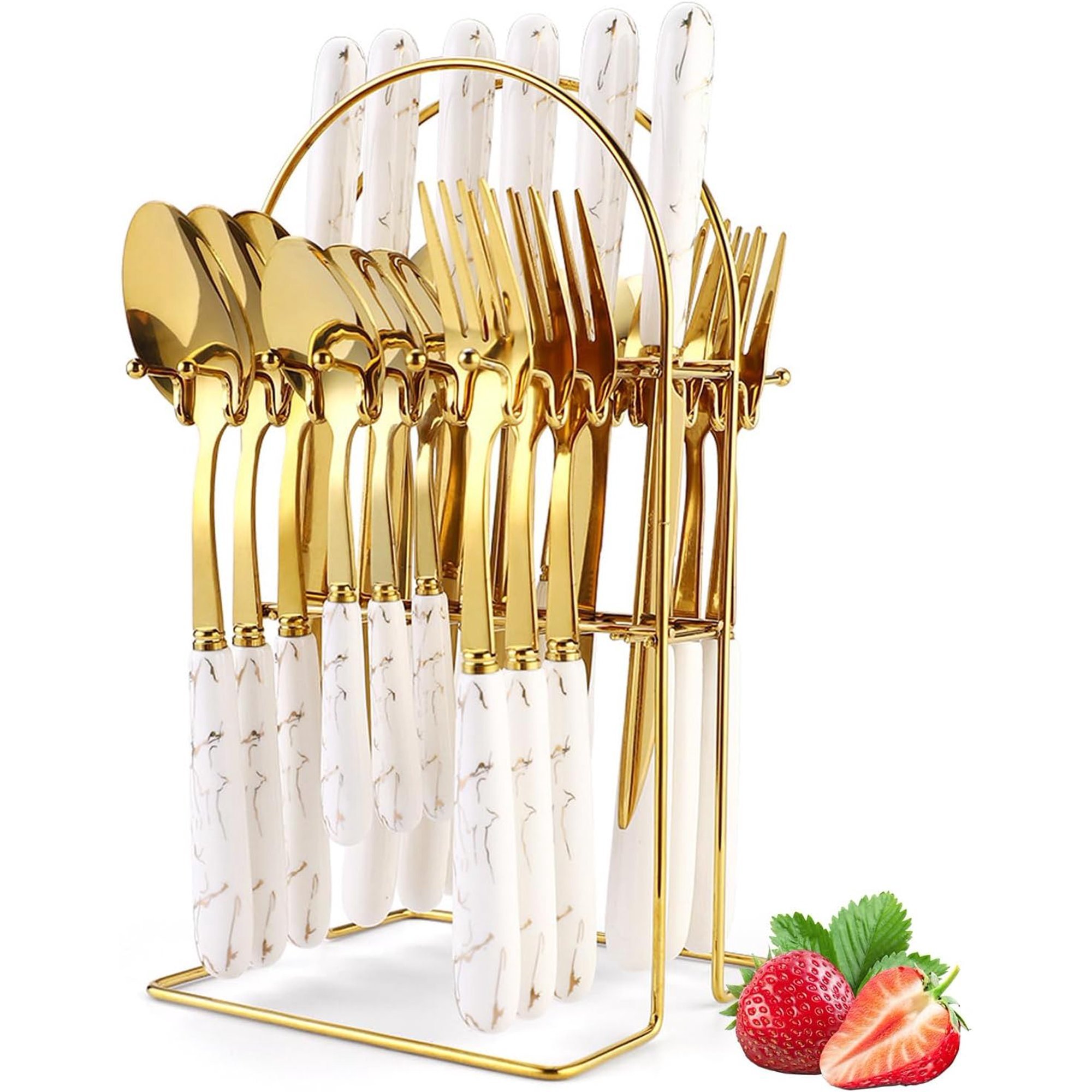 Gold Silverware Set, 24 Pieces Flatware Set with Silverware Holder, Stainless Steel Knives Forks Spoons Cutlery Set Service for 6