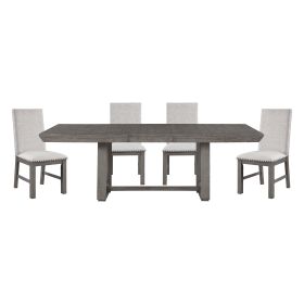 Rustic Design Dining Table 5pc Set Gray Finish Table w Extension leaf and 4x Fabric Upholstered Side Chairs Modern Dining Room Furniture