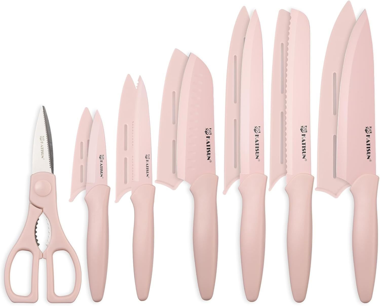 Kitchen Knife Set with Guards, 13 Piece Pink Non-Stick Paint Boxed Knives Set, Anti-Rust and Dishwasher Safe