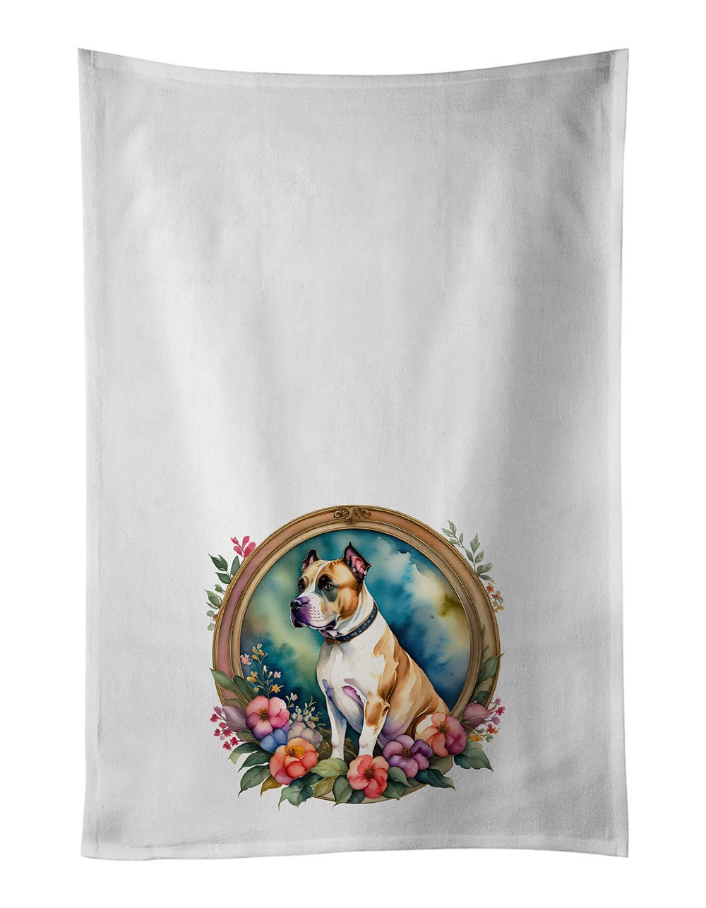 American Staffordshire Terrier and Flowers Kitchen Towel Set of 2 White Dish Towels Decorative Bathroom Hand towel for Hand, Face, Hair, Yoga, Tea