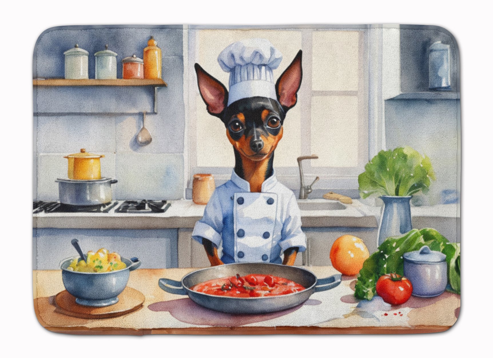 Miniature Pinscher The Chef Memory Foam Kitchen Mat Machine Washable Anti-Fatigue Mat Cushion Comfort Bath Mat or Kitchen Rug