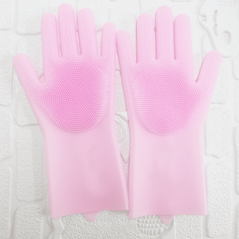 1 Pair Dishwashing Cleaning Gloves Magic Silicone Rubber Dish Washing Glove For Household Scrubber Kitchen Clean Tool Scrub (Color: Pink, size: 1 Pair)